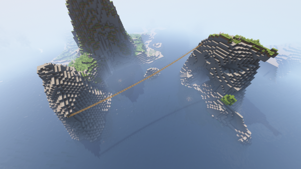 A picture of a bridge across two cliffs in Minecraft